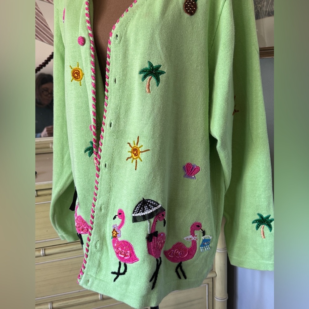 Vintage Quacker Factory Lime Knit Cardigan with Pineapple Embroidery